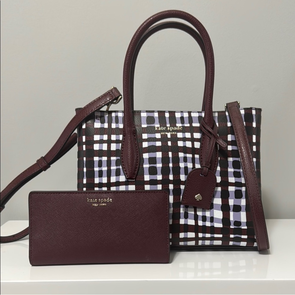 Kate Spade Maroon and Black Satchel with Structured Elegance & Matching Wallet